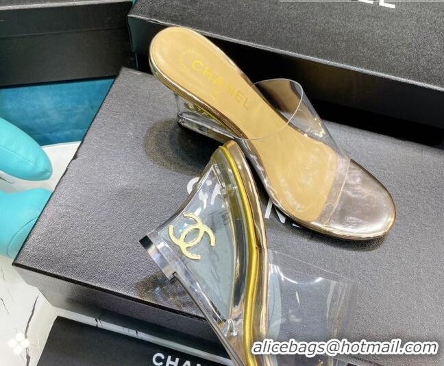 Shop Chanel PVC CC Heeled Mules Sandals 070306 Gold 2021