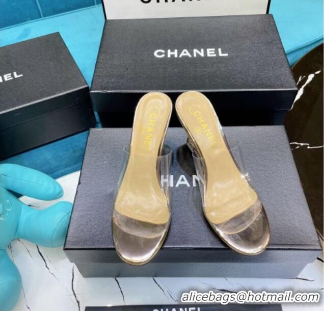 Shop Chanel PVC CC Heeled Mules Sandals 070306 Gold 2021