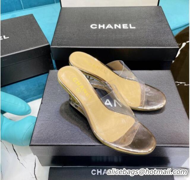 Shop Chanel PVC CC Heeled Mules Sandals 070306 Gold 2021