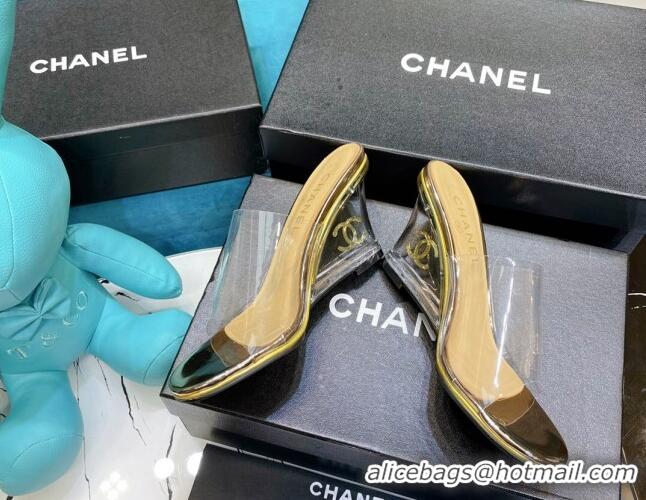 Shop Chanel PVC CC Heeled Mules Sandals 070306 Gold 2021