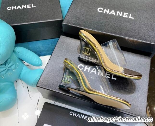 Shop Chanel PVC CC Heeled Mules Sandals 070306 Gold 2021