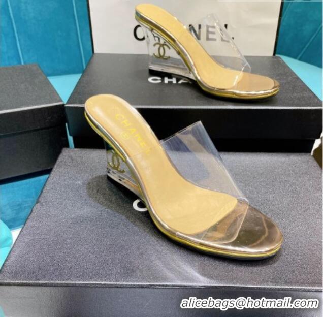 Shop Chanel PVC CC Heeled Mules Sandals 070306 Gold 2021