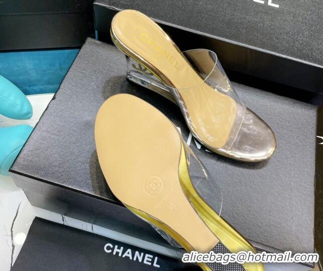 Shop Chanel PVC CC Heeled Mules Sandals 070306 Gold 2021