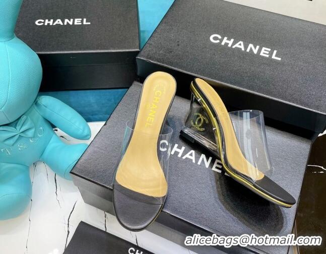 Low Price Chanel PVC CC Heeled Mules Sandals 070306 Black 2021