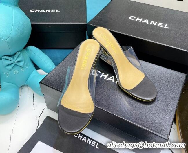 Low Price Chanel PVC CC Heeled Mules Sandals 070306 Black 2021