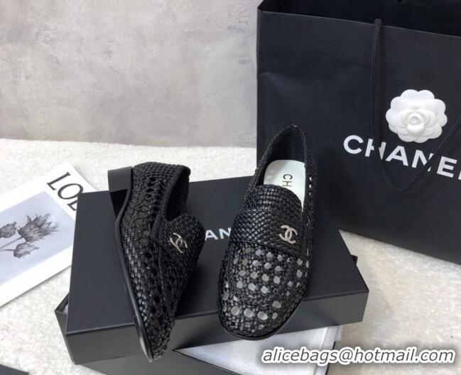 Popular Chanel Shiny Braided Mesh Calfskin Loafers G37403 Black 2021