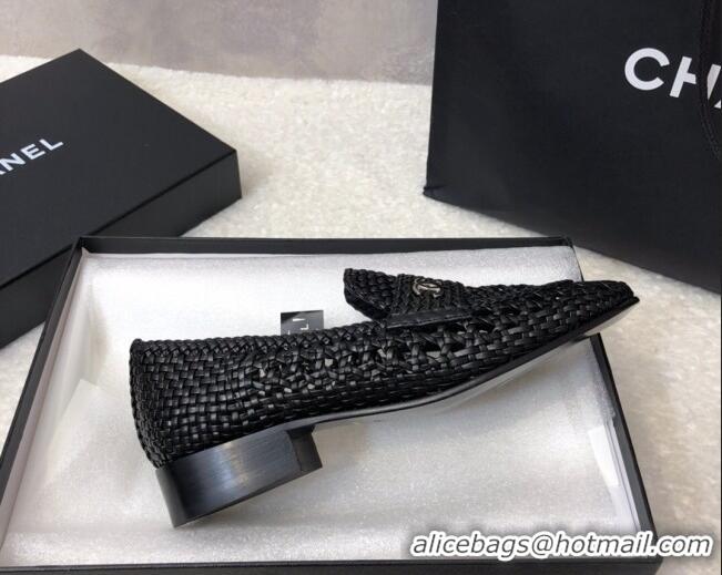 Popular Chanel Shiny Braided Mesh Calfskin Loafers G37403 Black 2021