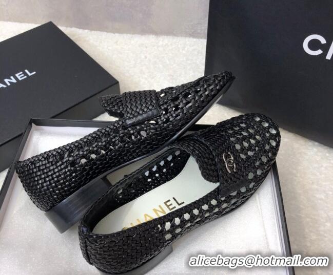 Popular Chanel Shiny Braided Mesh Calfskin Loafers G37403 Black 2021