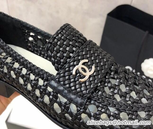 Popular Chanel Shiny Braided Mesh Calfskin Loafers G37403 Black 2021