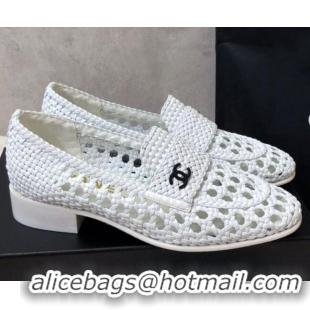 Well Crafted Chanel Shiny Braided Mesh Calfskin Loafers G37403 White 2021