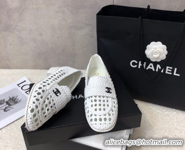 Well Crafted Chanel Shiny Braided Mesh Calfskin Loafers G37403 White 2021