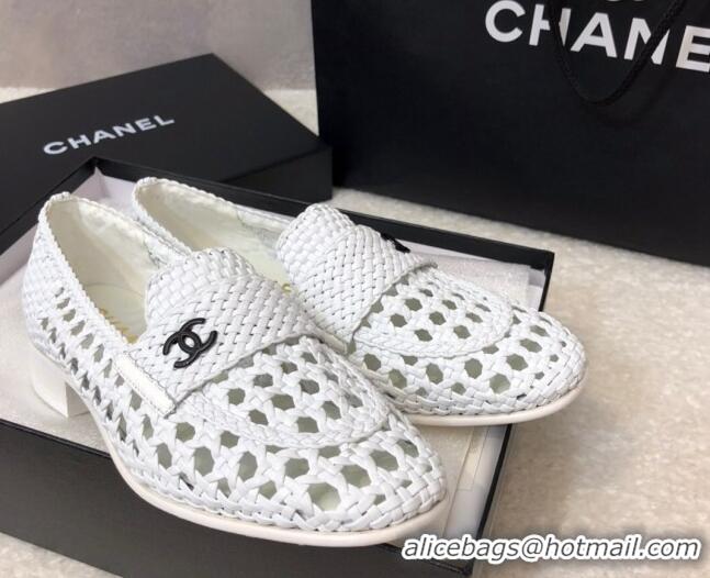 Well Crafted Chanel Shiny Braided Mesh Calfskin Loafers G37403 White 2021