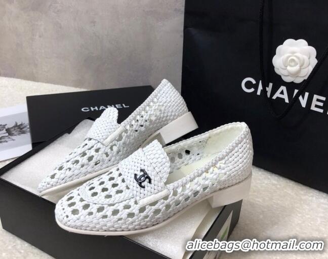 Well Crafted Chanel Shiny Braided Mesh Calfskin Loafers G37403 White 2021