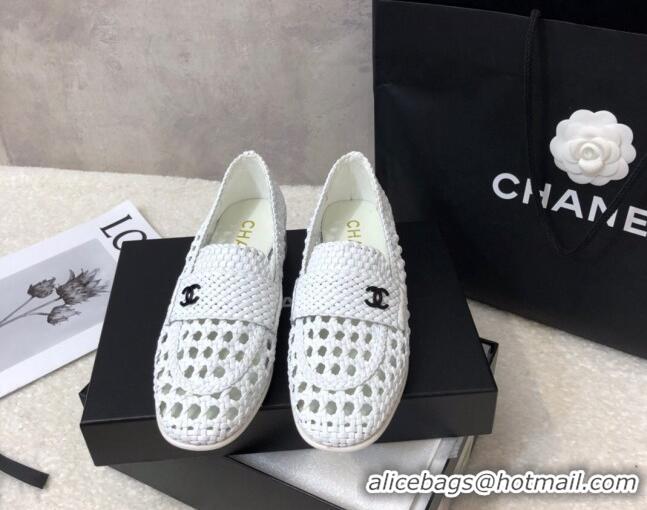 Well Crafted Chanel Shiny Braided Mesh Calfskin Loafers G37403 White 2021