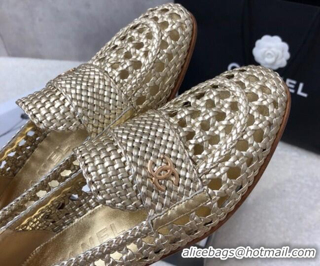 Discount Chanel Shiny Braided Mesh Calfskin Loafers G37403 Gold 2021