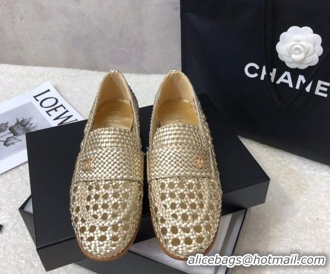 Discount Chanel Shiny Braided Mesh Calfskin Loafers G37403 Gold 2021