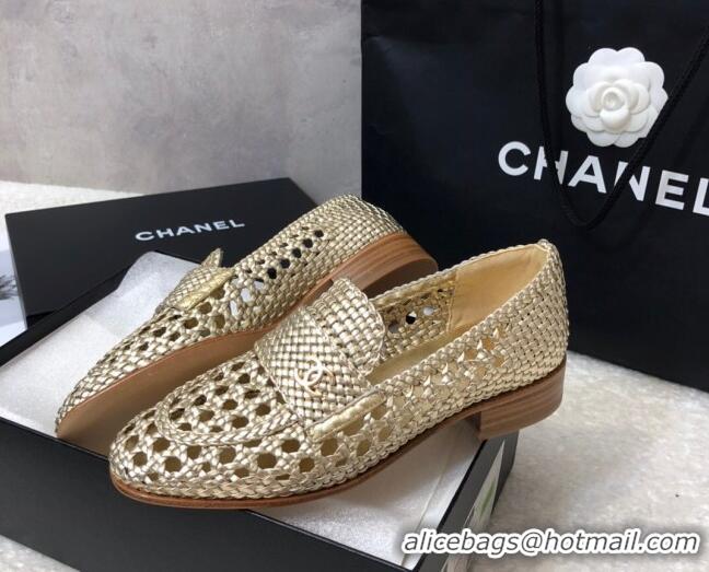 Discount Chanel Shiny Braided Mesh Calfskin Loafers G37403 Gold 2021