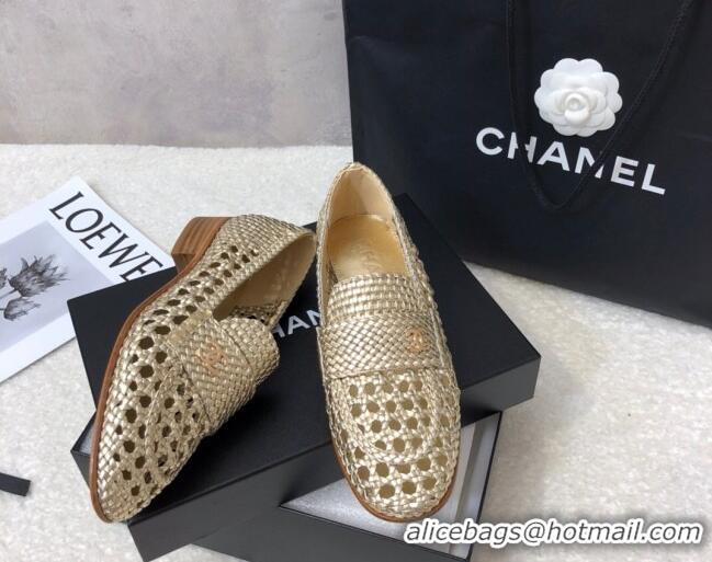 Discount Chanel Shiny Braided Mesh Calfskin Loafers G37403 Gold 2021