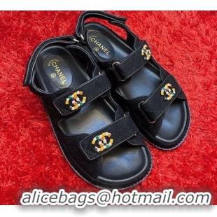 Low Cost Chanel Denim Flat Sandals G35927 Black 2021