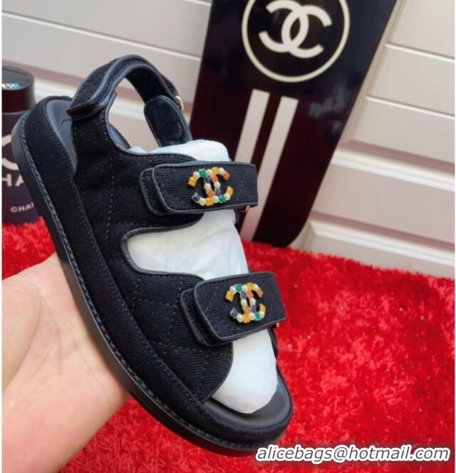 Low Cost Chanel Denim Flat Sandals G35927 Black 2021