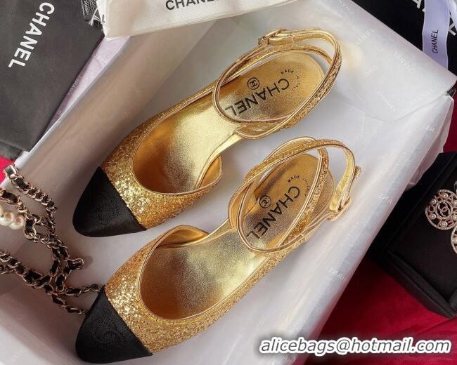 Low Cost Chanel Glitter Open Shoes Pumps G37594 Gold 2021