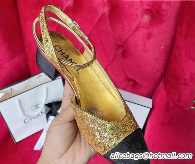 Low Cost Chanel Glitter Open Shoes Pumps G37594 Gold 2021