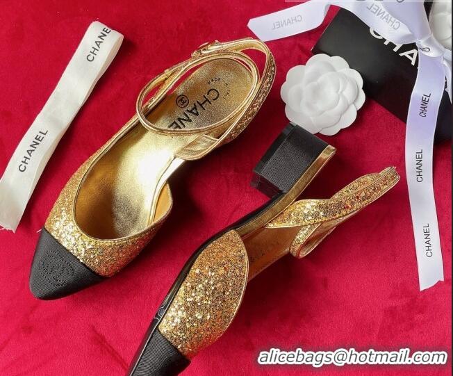 Low Cost Chanel Glitter Open Shoes Pumps G37594 Gold 2021