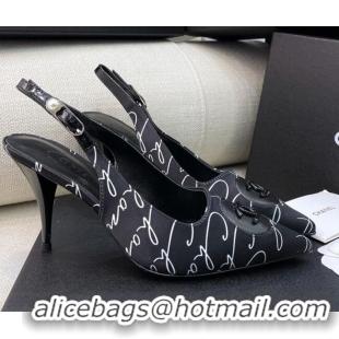 Good Looking Chanel Vintage Silk Print Slingback Pumps 8cm 070830 Black 2021