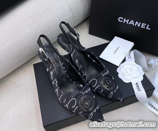 Good Looking Chanel Vintage Silk Print Slingback Pumps 8cm 070830 Black 2021