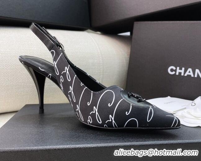 Good Looking Chanel Vintage Silk Print Slingback Pumps 8cm 070830 Black 2021