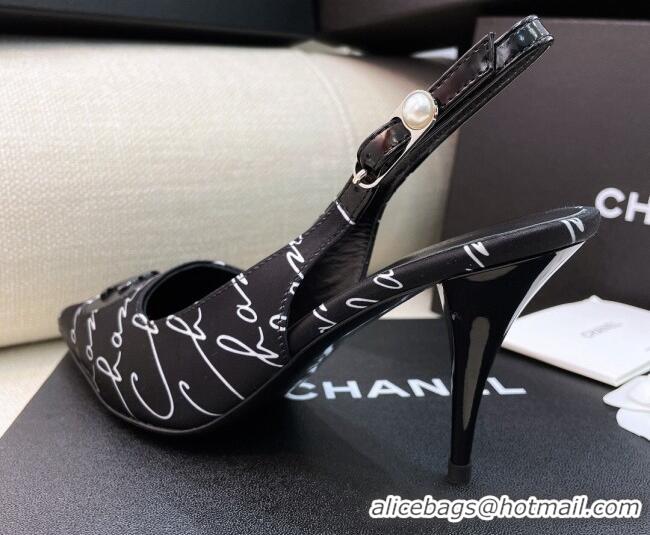 Good Looking Chanel Vintage Silk Print Slingback Pumps 8cm 070830 Black 2021