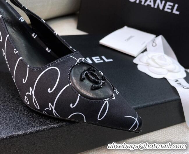 Good Looking Chanel Vintage Silk Print Slingback Pumps 8cm 070830 Black 2021