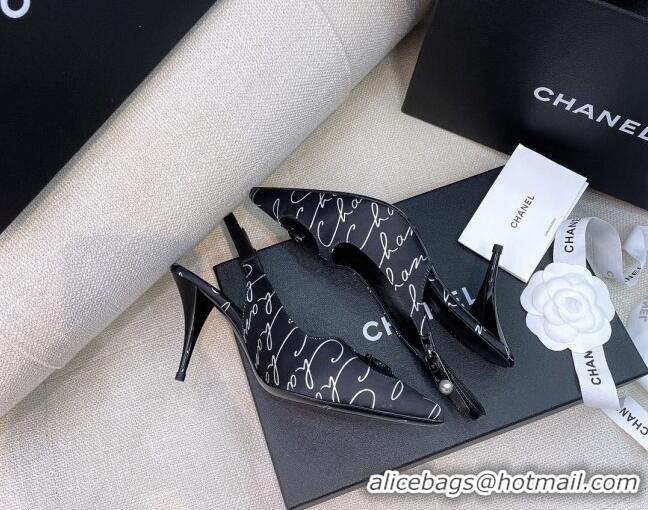 Good Looking Chanel Vintage Silk Print Slingback Pumps 8cm 070830 Black 2021