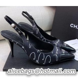 Good Quality Chanel Vintage Silk Print Slingback Pumps 8cm 070831 Black 2021