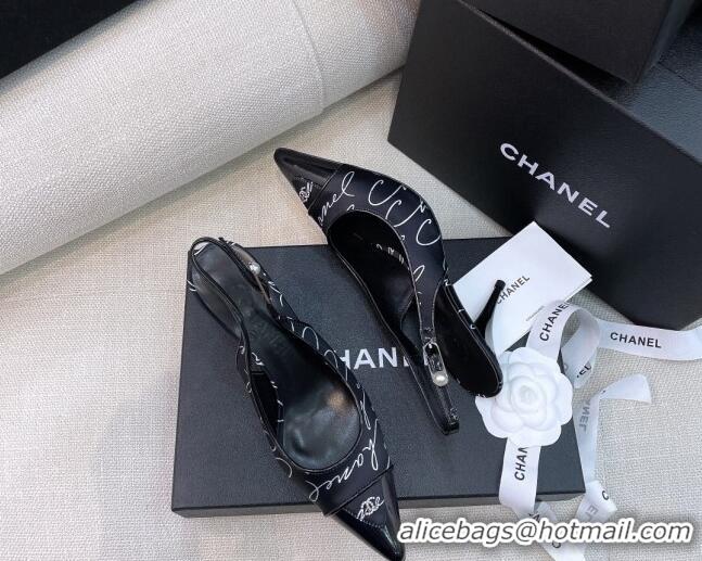 Good Quality Chanel Vintage Silk Print Slingback Pumps 8cm 070831 Black 2021