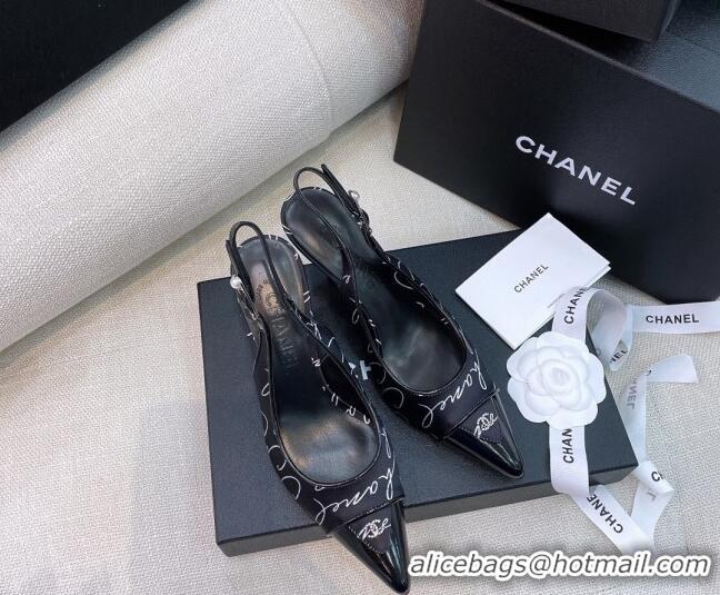 Good Quality Chanel Vintage Silk Print Slingback Pumps 8cm 070831 Black 2021