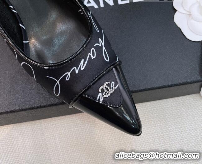 Good Quality Chanel Vintage Silk Print Slingback Pumps 8cm 070831 Black 2021