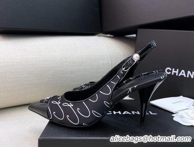 Good Quality Chanel Vintage Silk Print Slingback Pumps 8cm 070831 Black 2021