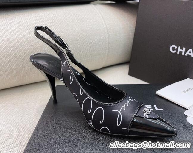 Good Quality Chanel Vintage Silk Print Slingback Pumps 8cm 070831 Black 2021