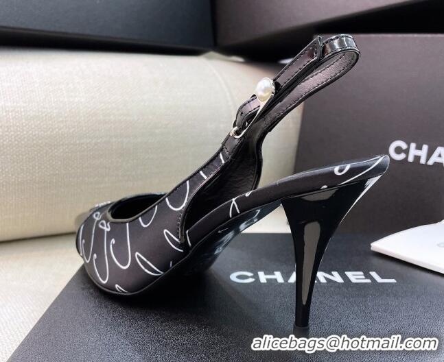 Good Quality Chanel Vintage Silk Print Slingback Pumps 8cm 070831 Black 2021