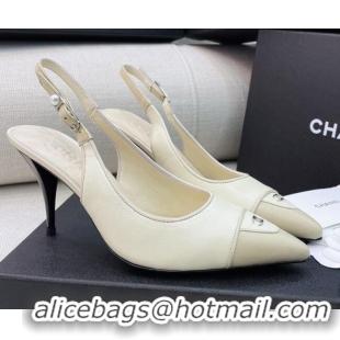 Cheap Chanel Vintage Lambskin Slingback Pumps 8cm 070834 White/Beige