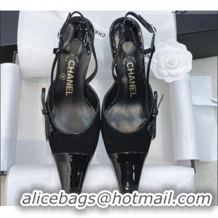 Top Quality Chanel Vintage Patent Leather Bow Slingback Pumps 8cm 070836 Black 2021