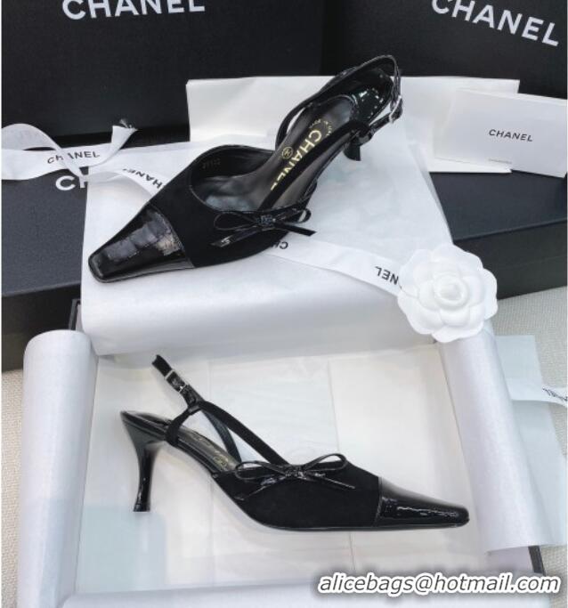 Top Quality Chanel Vintage Patent Leather Bow Slingback Pumps 8cm 070836 Black 2021