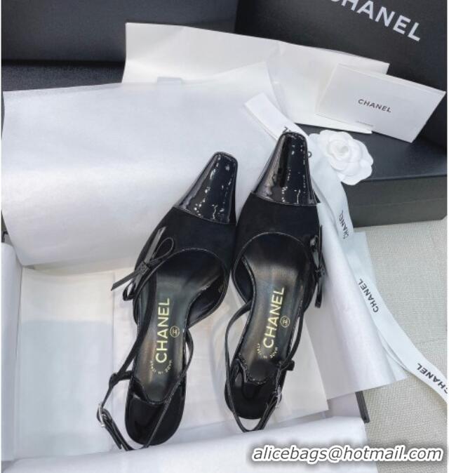 Top Quality Chanel Vintage Patent Leather Bow Slingback Pumps 8cm 070836 Black 2021