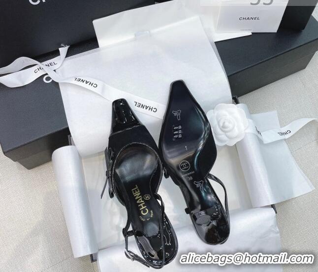 Top Quality Chanel Vintage Patent Leather Bow Slingback Pumps 8cm 070836 Black 2021