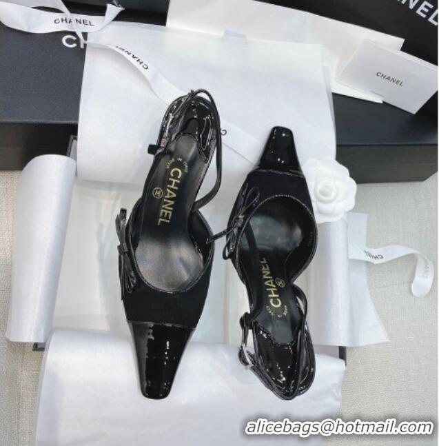 Top Quality Chanel Vintage Patent Leather Bow Slingback Pumps 8cm 070836 Black 2021