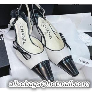 Low Cost Chanel Vintage Patent Leather Bow Slingback Pumps 8cm 070836 White 2021