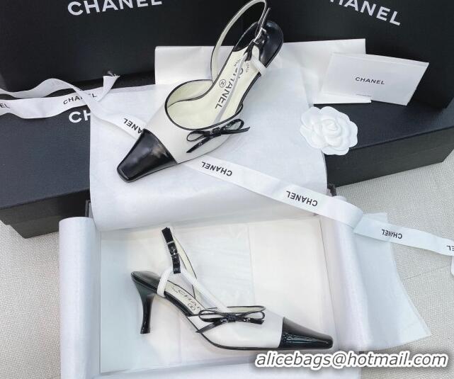 Low Cost Chanel Vintage Patent Leather Bow Slingback Pumps 8cm 070836 White 2021