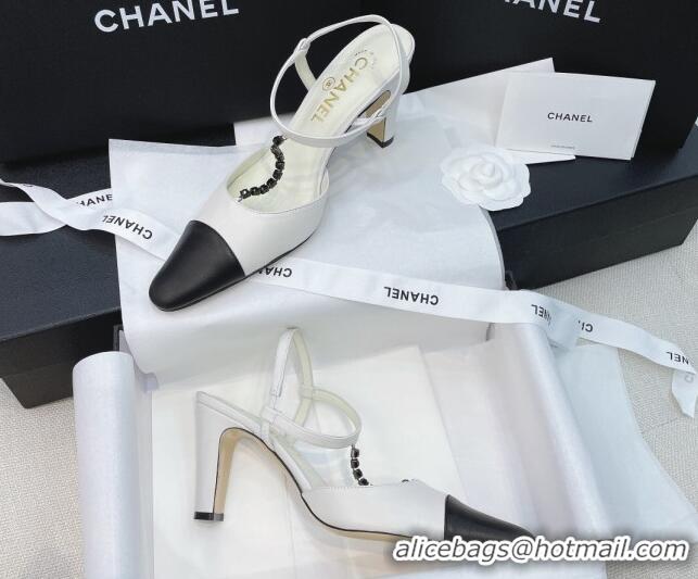 Super Quality Chanel Vintage Lambskin Chain Slingback Pumps 8cm 070840 White 2021