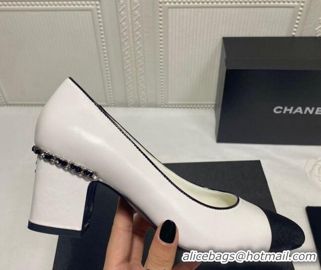 Shop Cheap Chanel Laminated Lambskin Chain Pumps 6cm G37164 White 2021